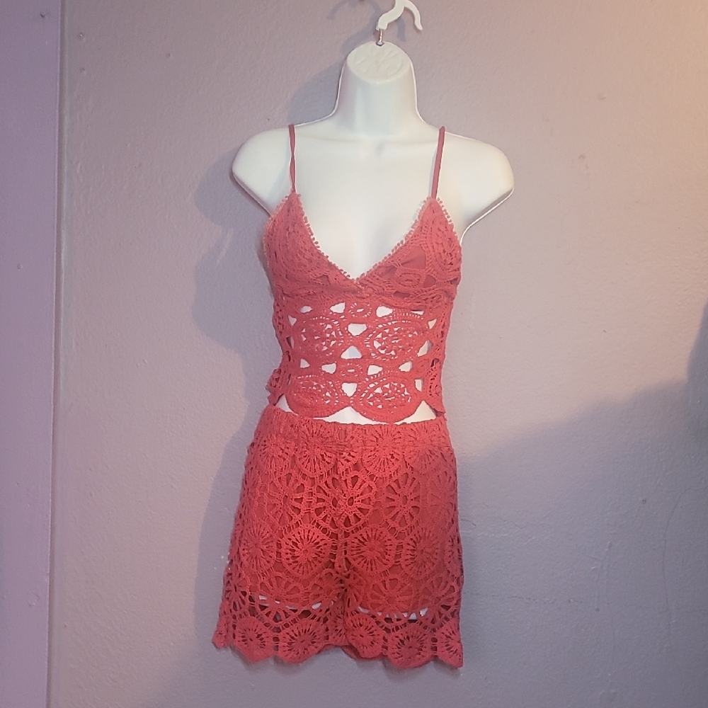 Crochet Lace Two-Piece Set in Coral